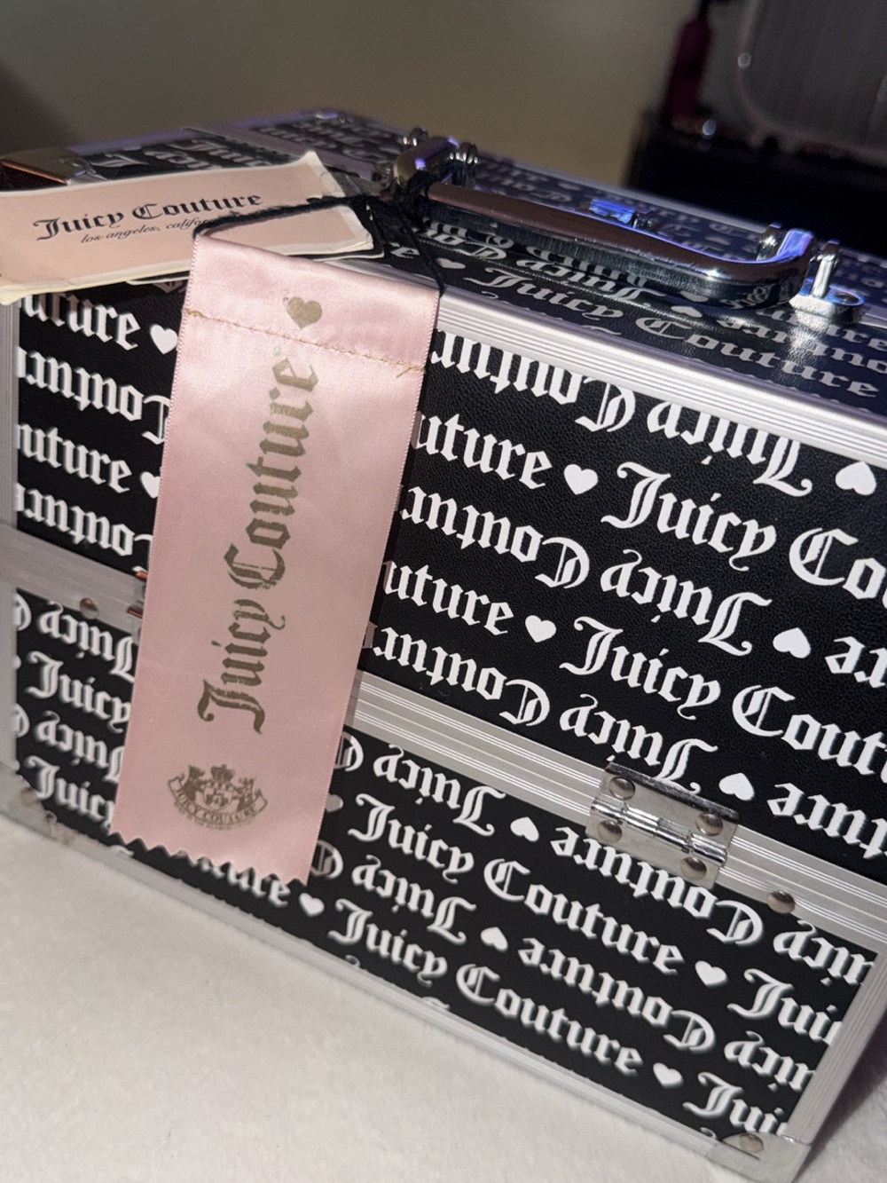 Juicy Couture Black & Pink Logo Train Case with Satin Ribbon